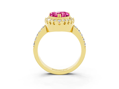 Yellow gold Heart Cut Diamond Halo Ring with Pavé Band and Prong Setting_3