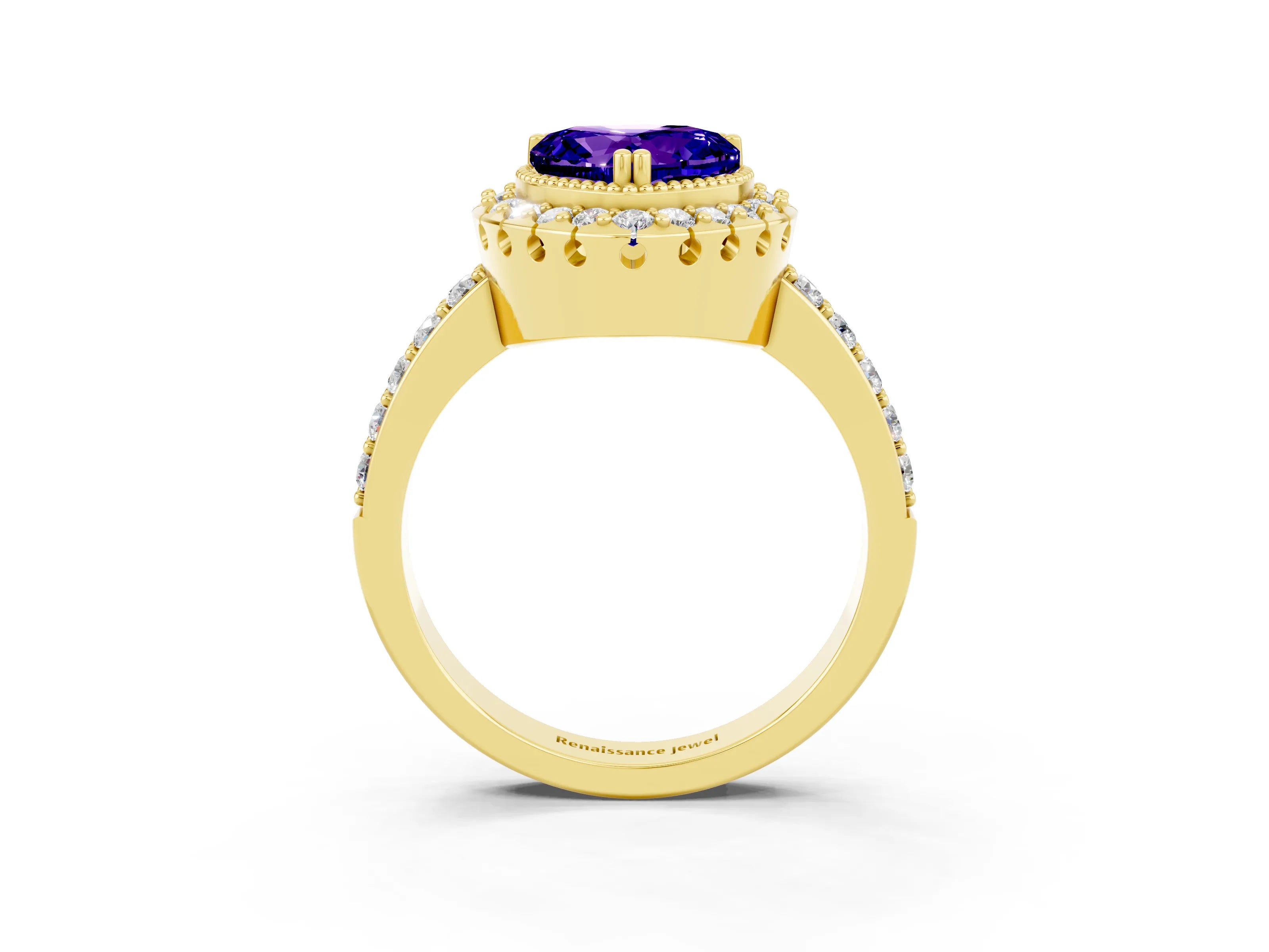 Yellow gold Heart Cut Diamond Halo Ring with Pavé Band and Prong Setting_3