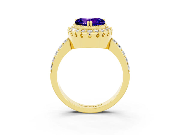 Yellow gold Heart Cut Tanzanite Halo Ring with Pavé Band and Prong Setting