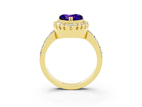 Yellow gold Heart Cut Diamond Halo Ring with Pavé Band and Prong Setting_3