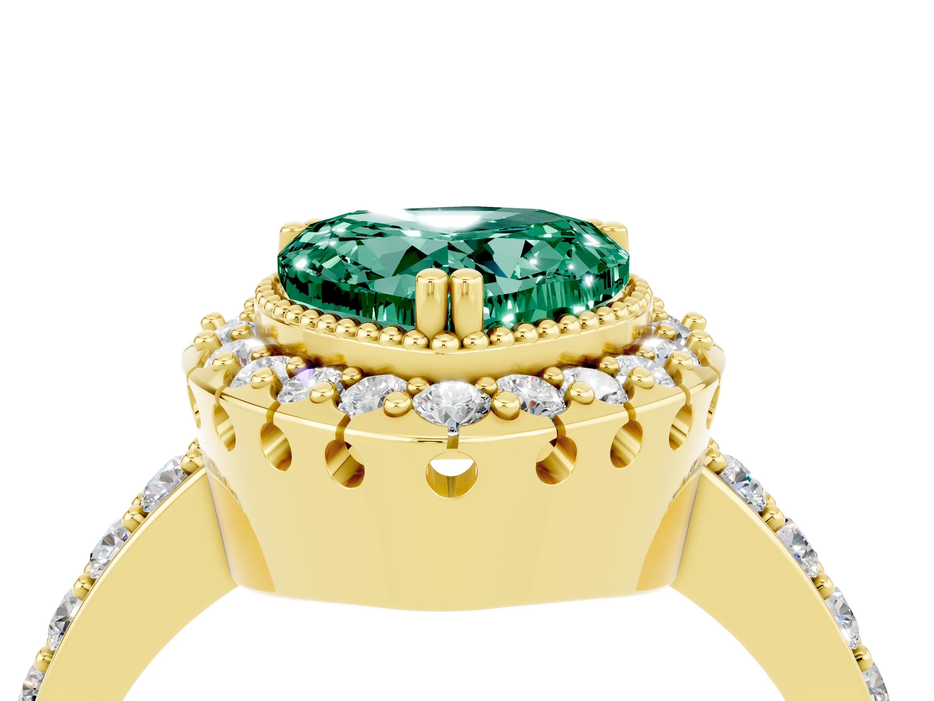 Yellow gold Heart Cut Diamond Halo Ring with Pavé Band and Prong Setting_4