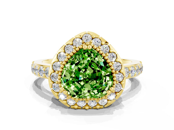 Yellow gold Heart Cut Peridot Halo Ring with Pavé Band and Prong Setting