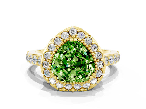 Yellow gold Heart Cut Diamond Halo Ring with Pavé Band and Prong Setting