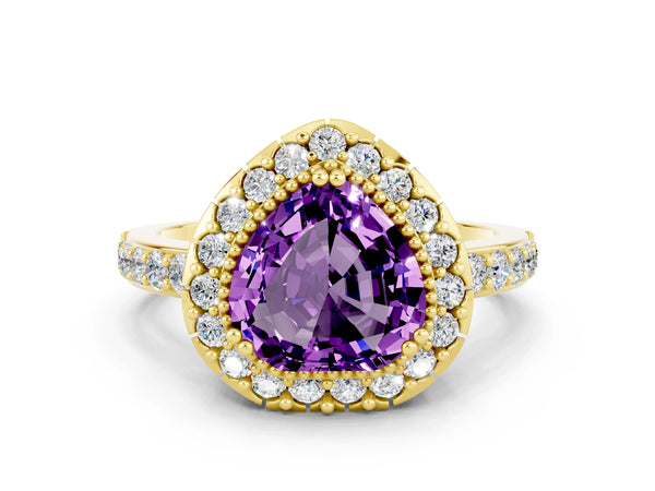 Yellow gold Heart Cut Amethyst Halo Ring with Pavé Band and Prong Setting