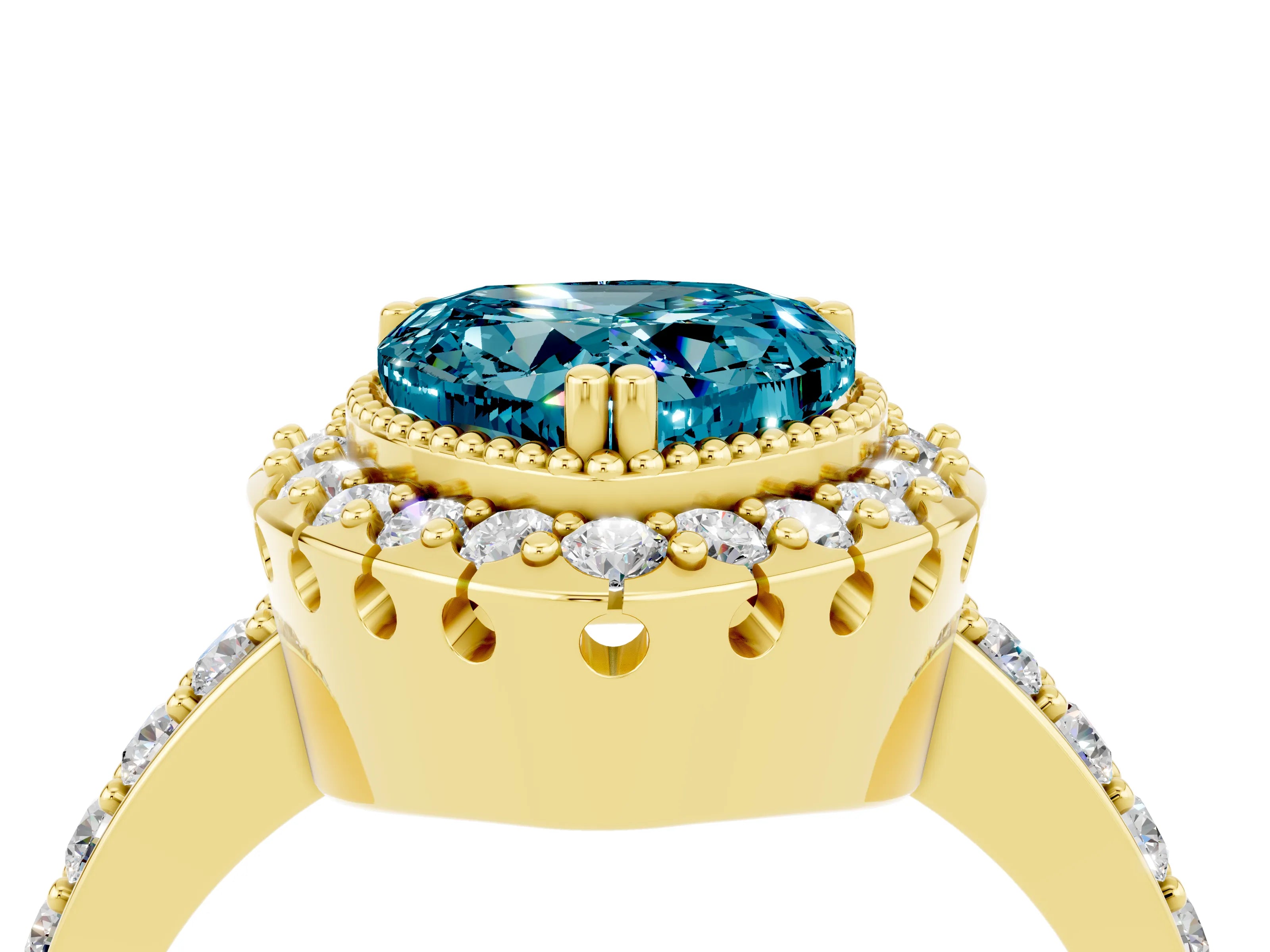 Yellow gold Heart Cut Diamond Halo Ring with Pavé Band and Prong Setting_4