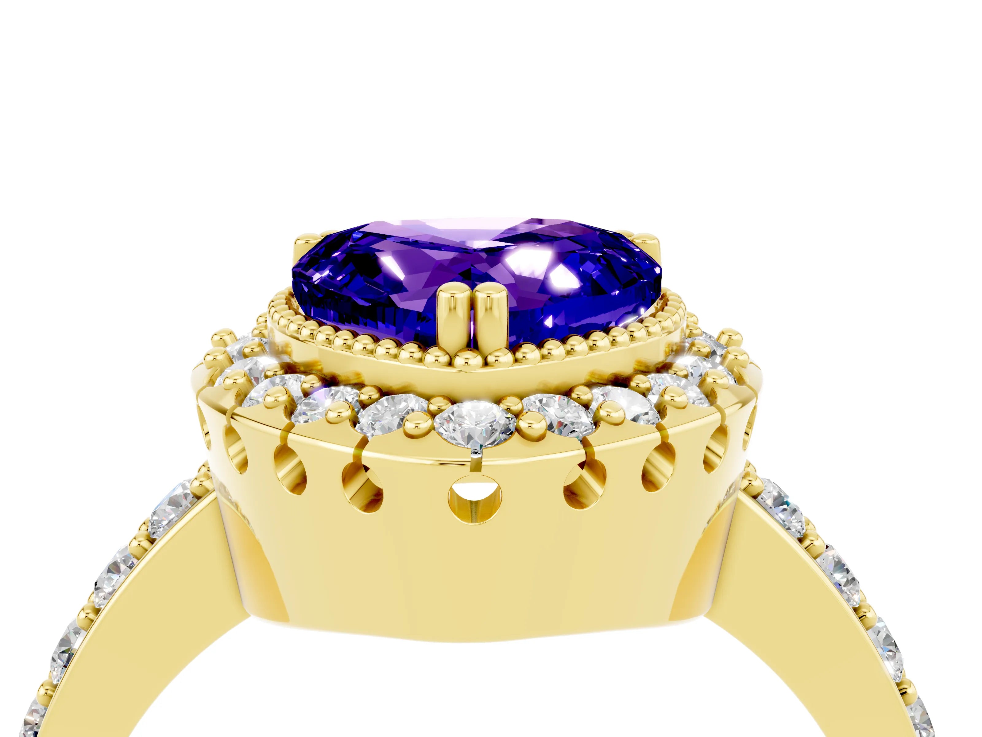 Yellow gold Heart Cut Diamond Halo Ring with Pavé Band and Prong Setting_4