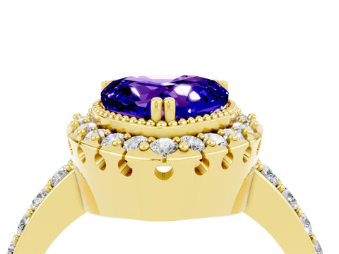 Yellow gold Heart Cut Diamond Halo Ring with Pavé Band and Prong Setting_4