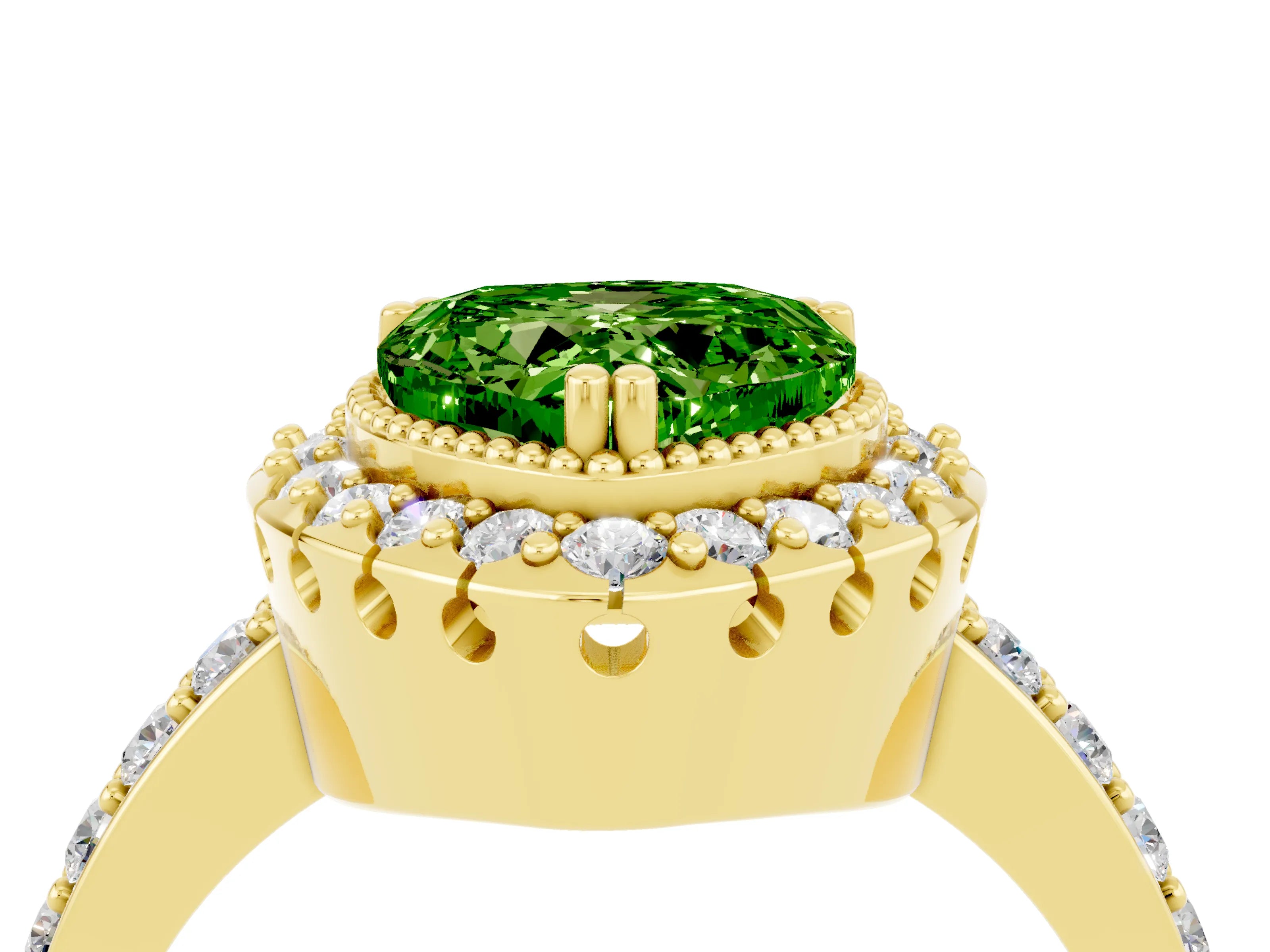 Yellow gold Heart Cut Diamond Halo Ring with Pavé Band and Prong Setting_4