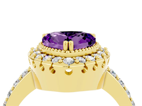 Yellow gold Heart Cut Diamond Halo Ring with Pavé Band and Prong Setting_4