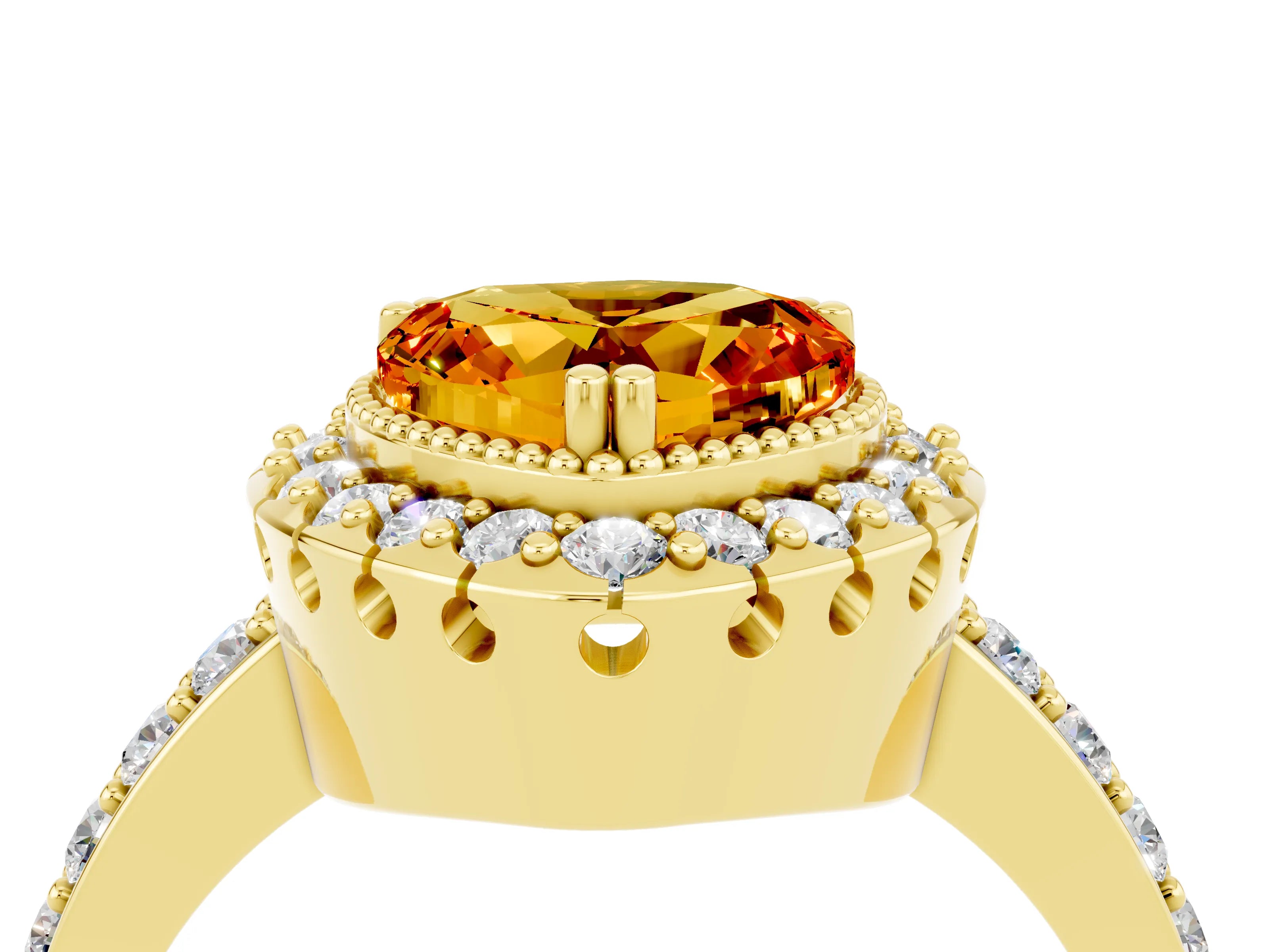 Yellow gold Heart Cut Diamond Halo Ring with Pavé Band and Prong Setting_4