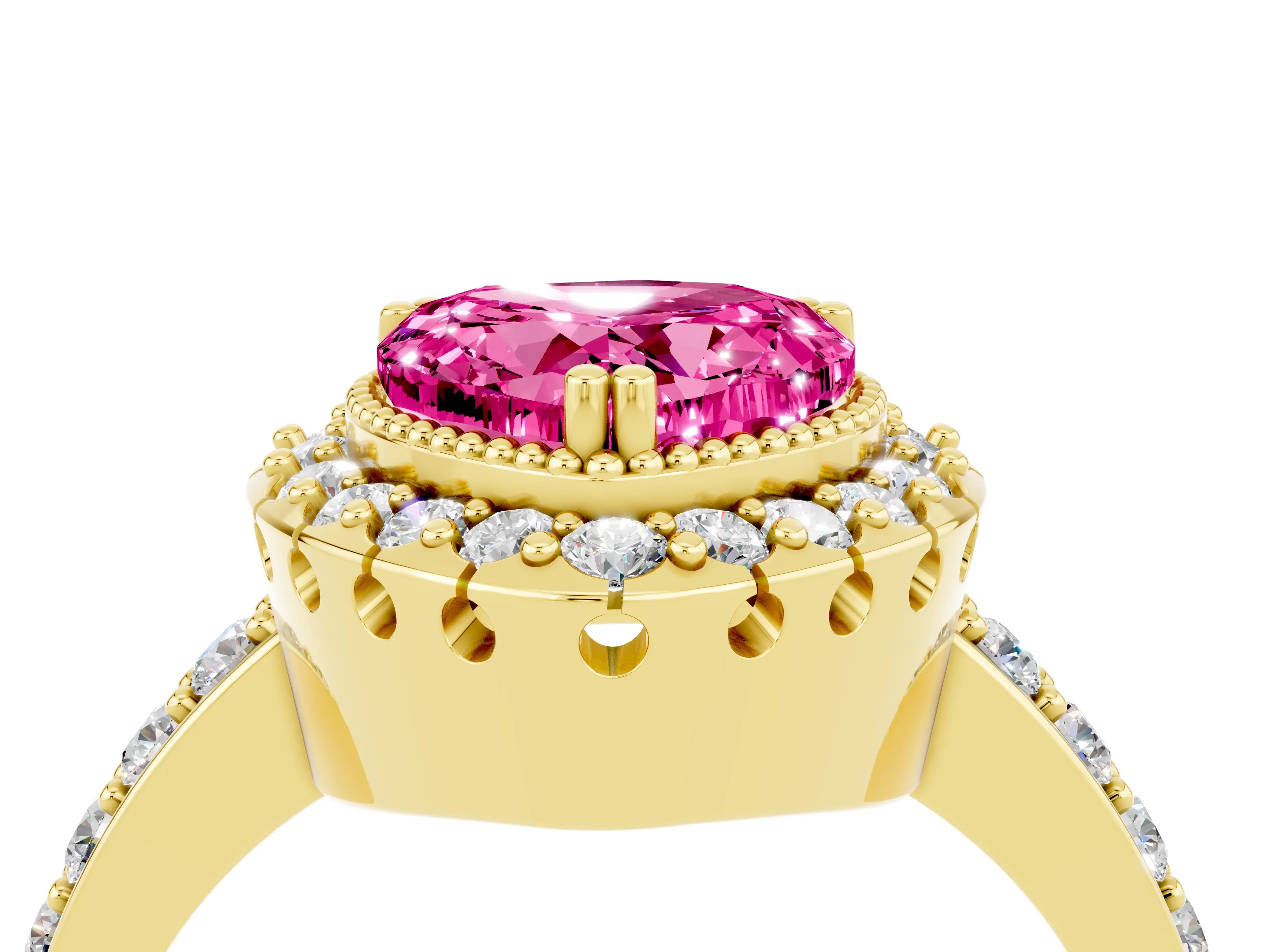 Yellow gold Heart Cut Diamond Halo Ring with Pavé Band and Prong Setting_4