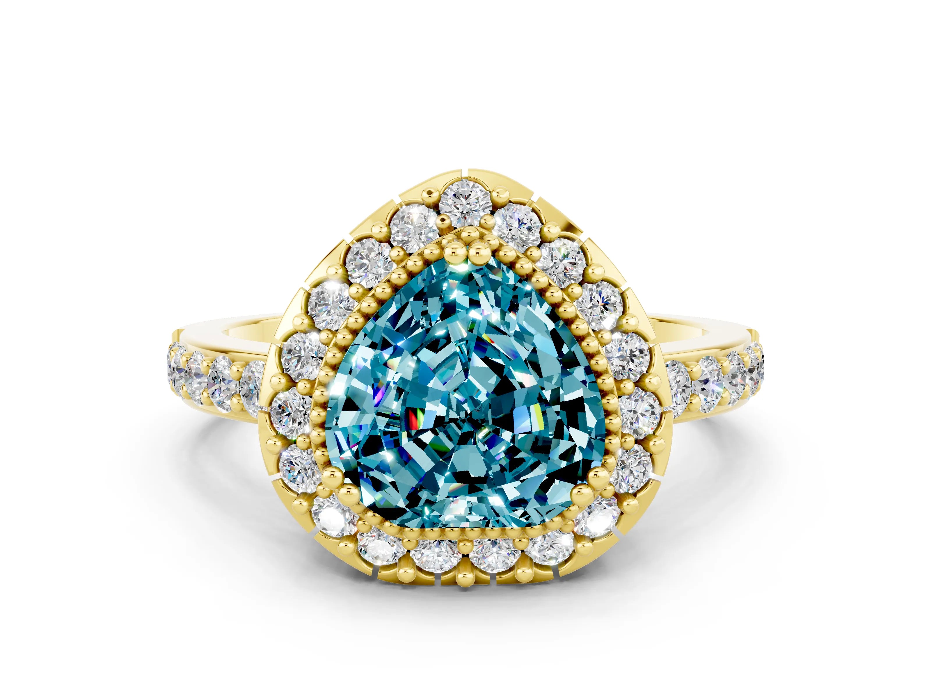 Yellow gold Heart Cut Diamond Halo Ring with Pavé Band and Prong Setting