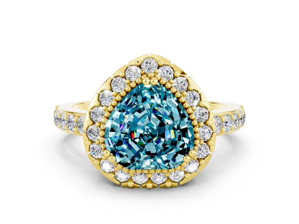 Yellow gold Heart Cut Blue Topaz Halo Ring with Pavé Band and Prong Setting