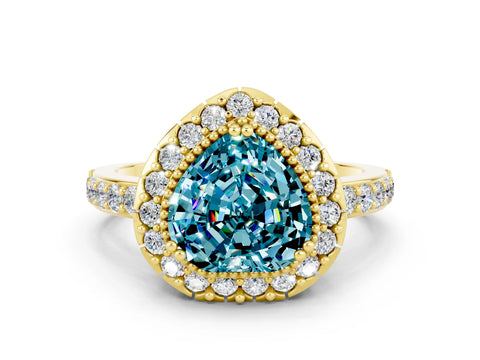 Yellow gold Heart Cut Diamond Halo Ring with Pavé Band and Prong Setting