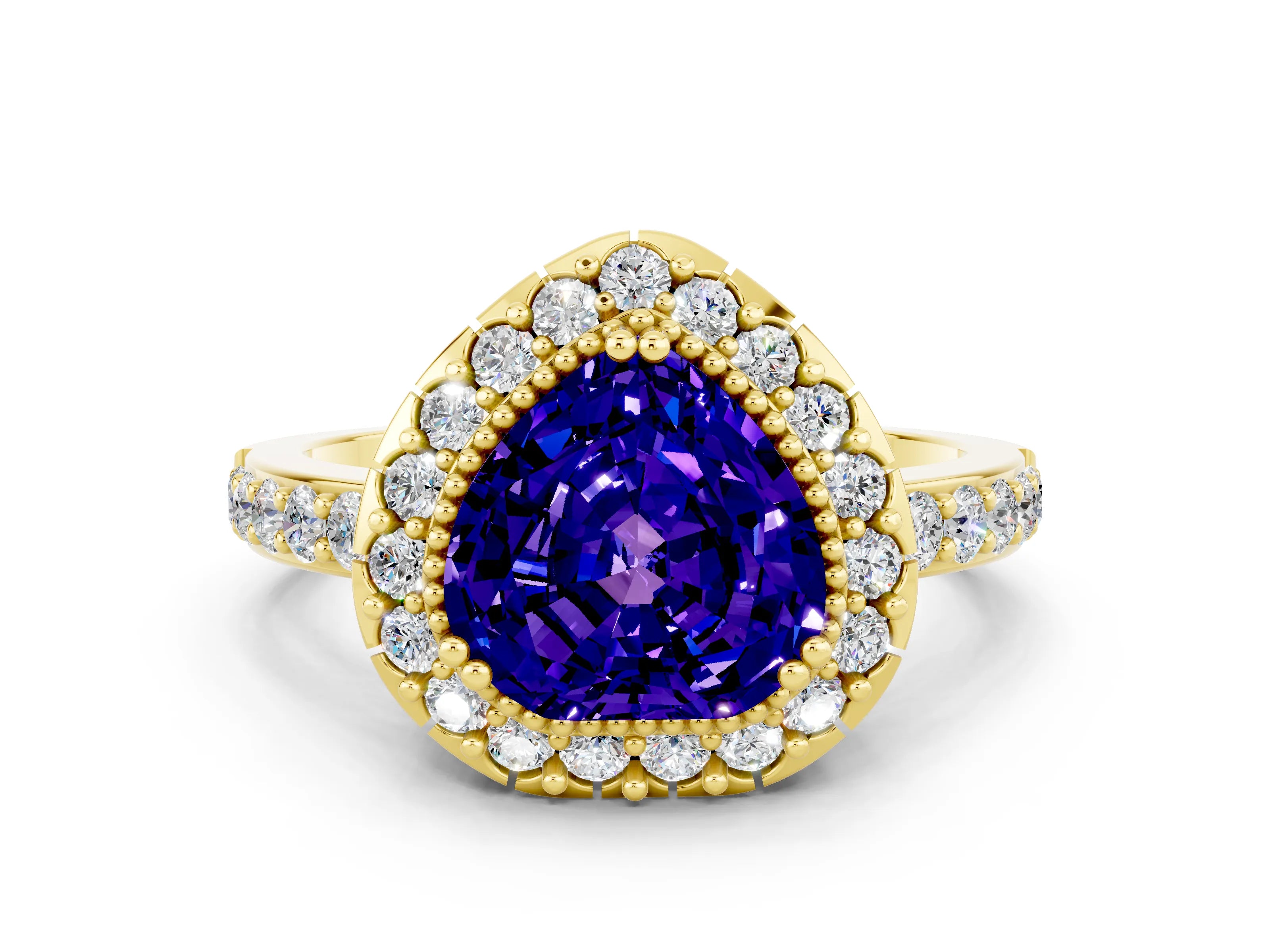 Yellow gold Heart Cut Diamond Halo Ring with Pavé Band and Prong Setting