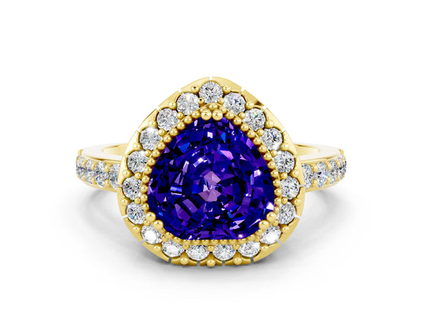 Yellow gold Heart Cut Tanzanite Halo Ring with Pavé Band and Prong Setting