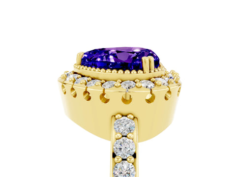 Yellow gold Heart Cut Diamond Halo Ring with Pavé Band and Prong Setting_5