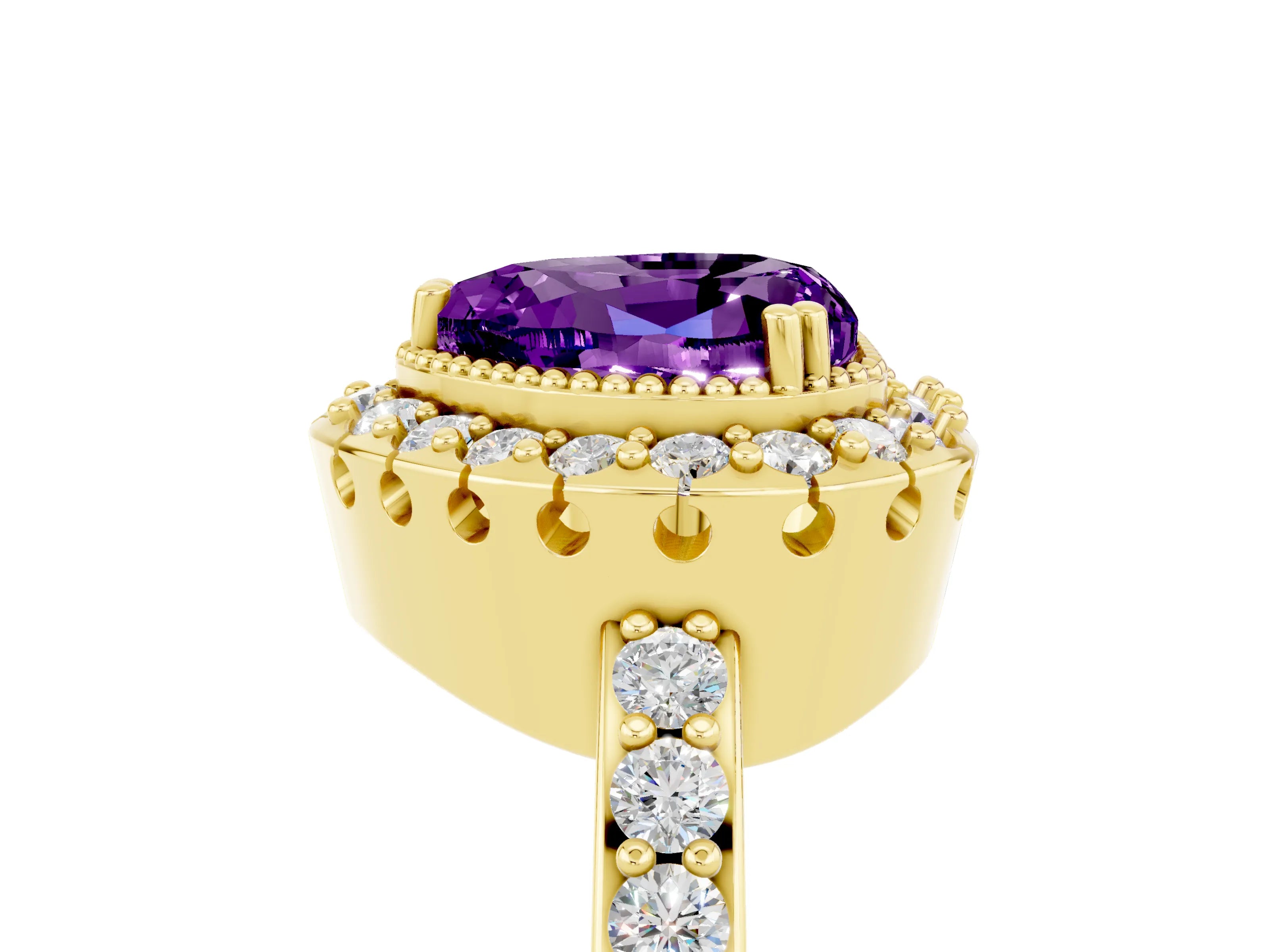 Yellow gold Heart Cut Diamond Halo Ring with Pavé Band and Prong Setting_5