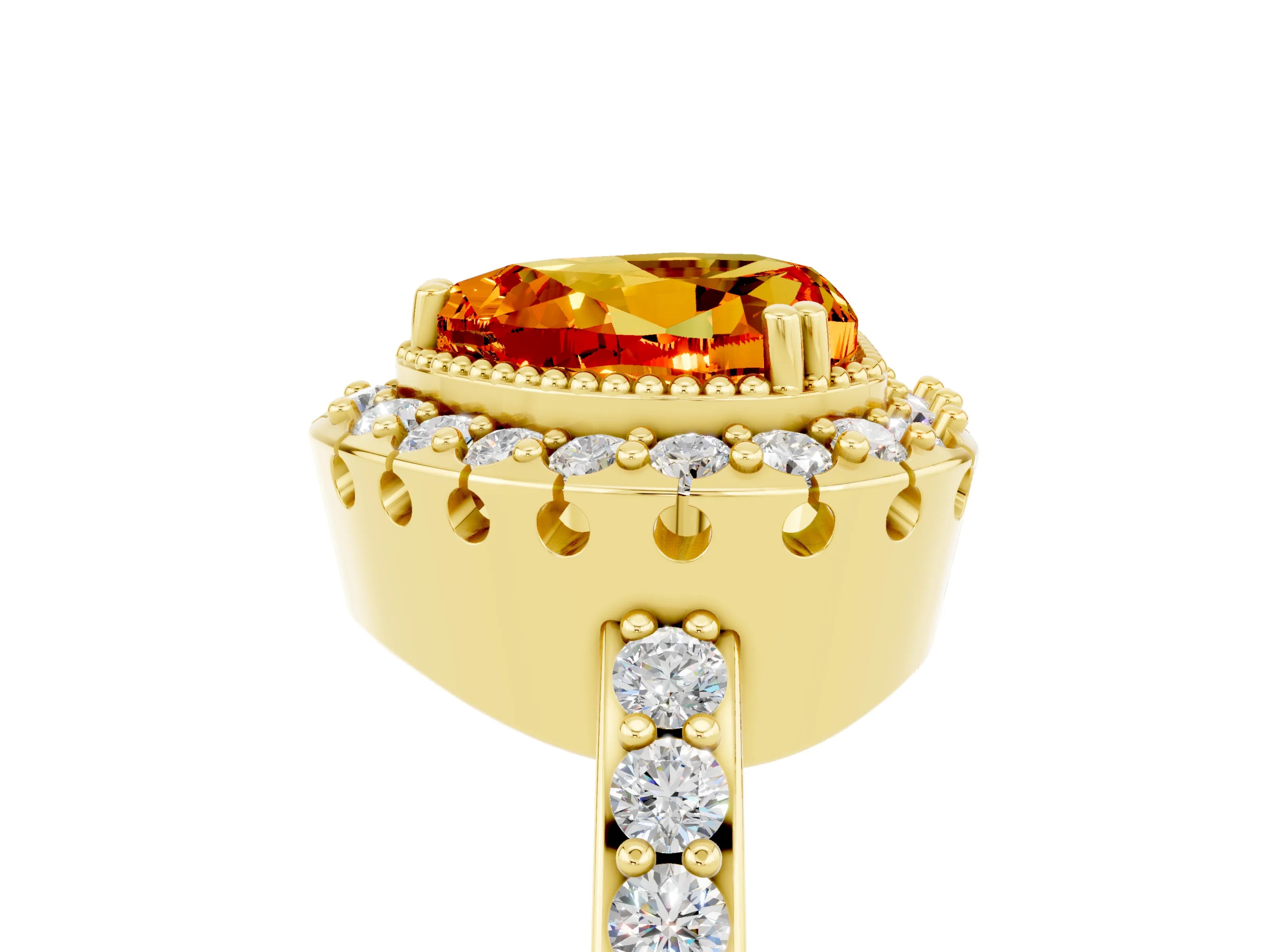 Yellow gold Heart Cut Diamond Halo Ring with Pavé Band and Prong Setting_5