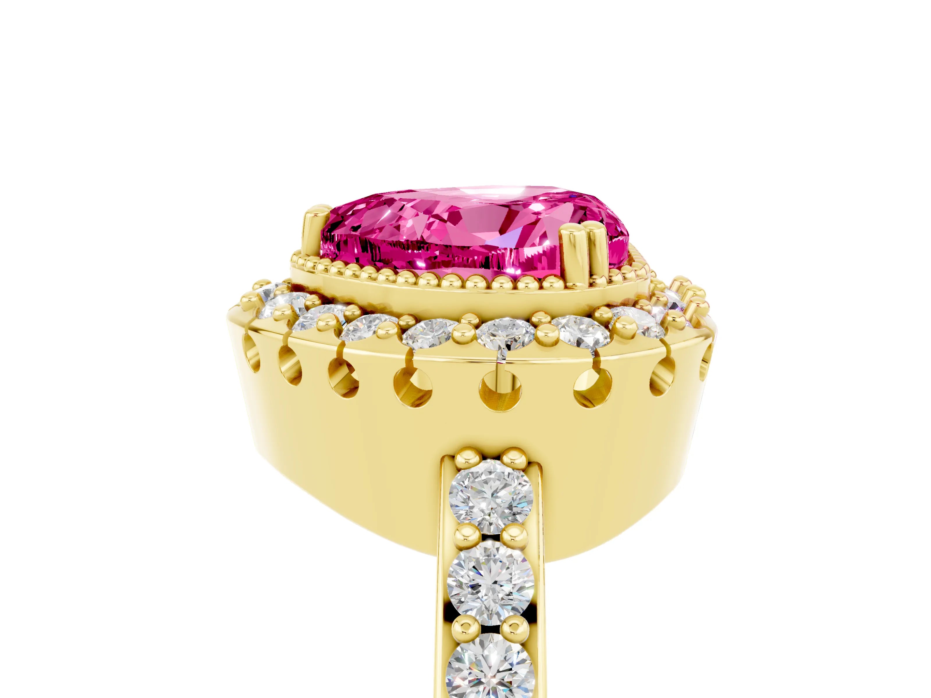 Yellow gold Heart Cut Diamond Halo Ring with Pavé Band and Prong Setting_5