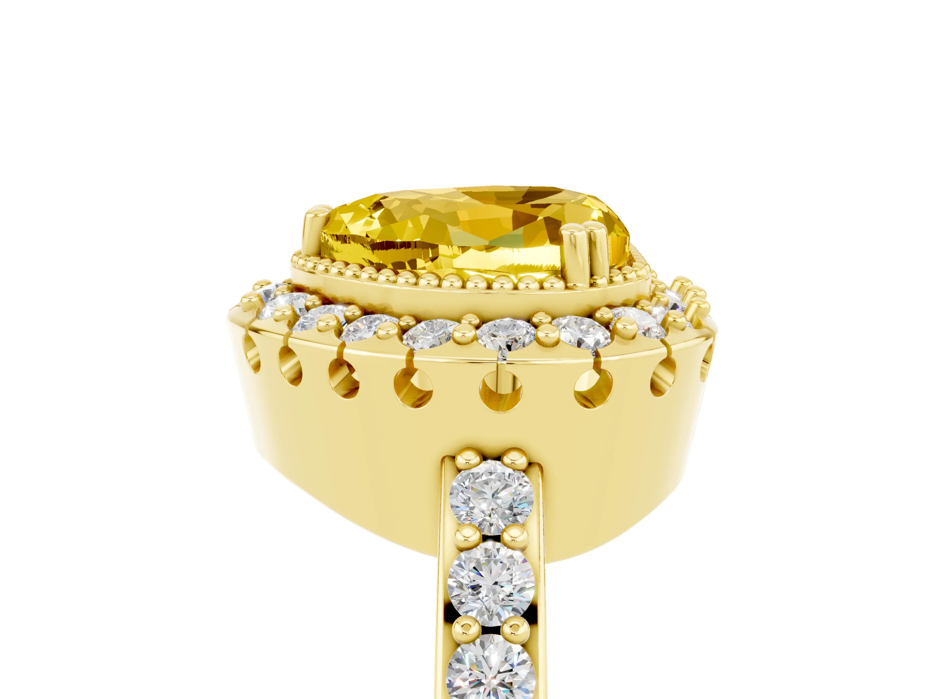 Yellow gold Heart Cut Diamond Halo Ring with Pavé Band and Prong Setting_5
