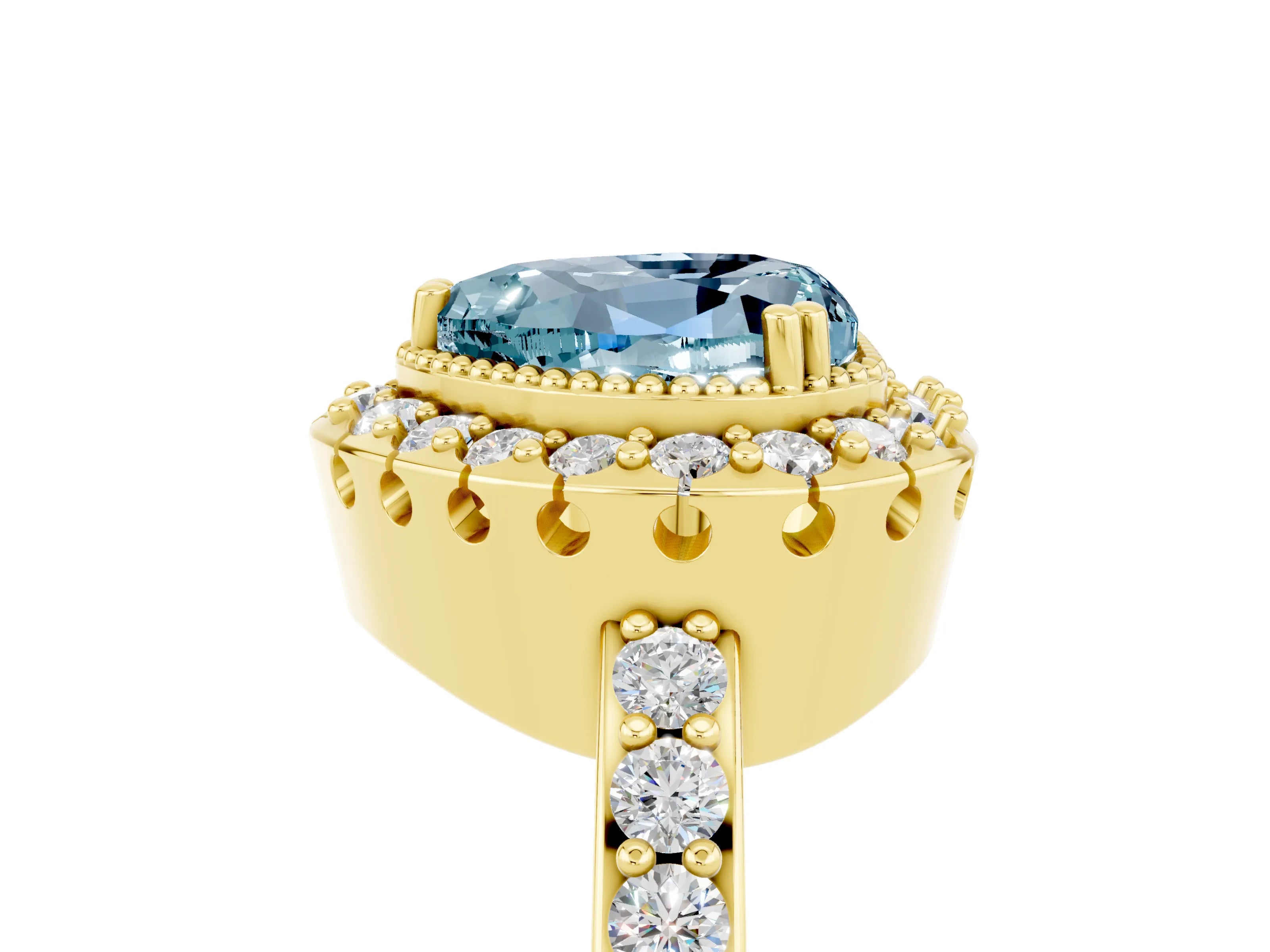 Yellow gold Heart Cut Diamond Halo Ring with Pavé Band and Prong Setting_5