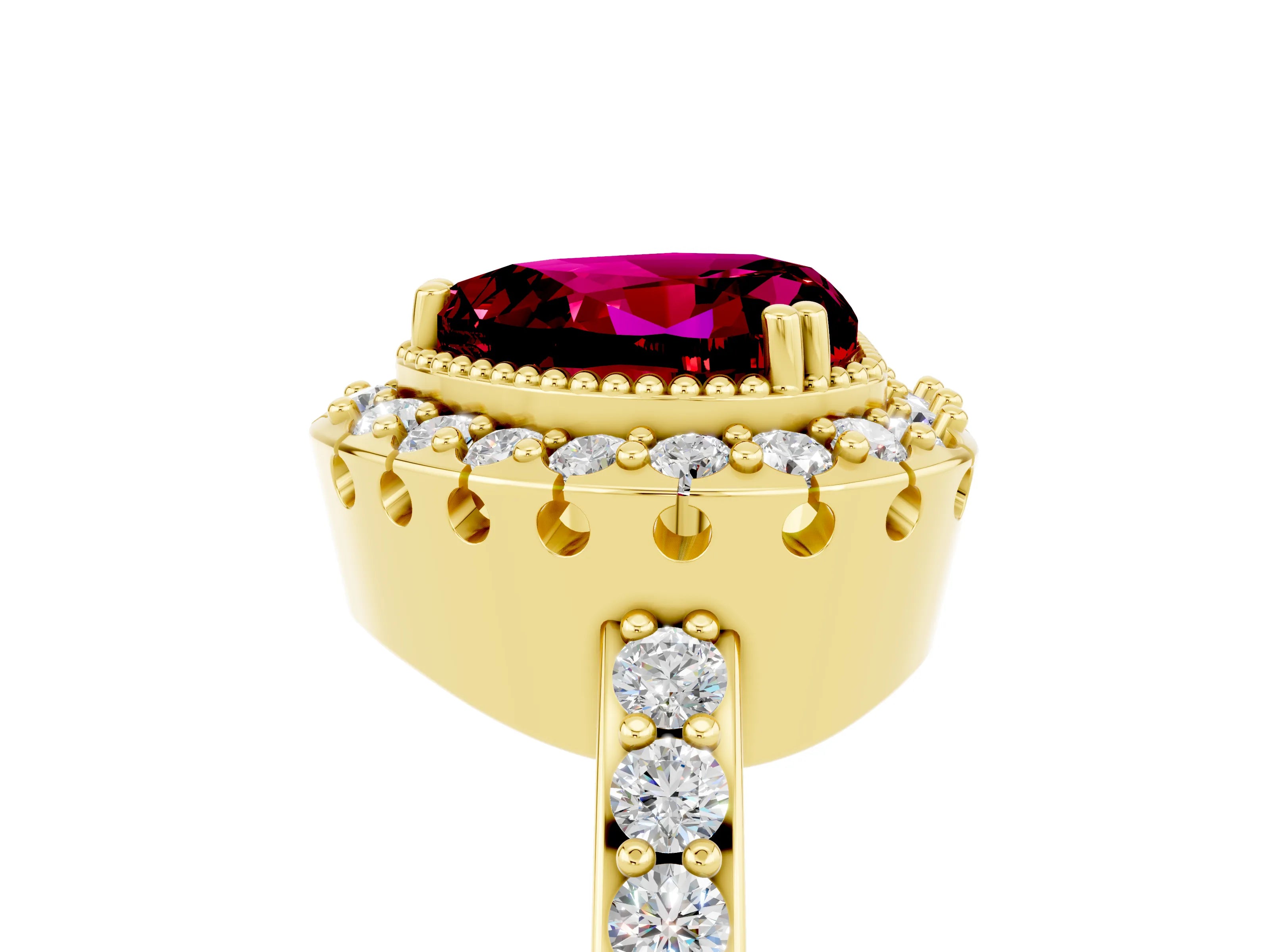 Yellow gold Heart Cut Diamond Halo Ring with Pavé Band and Prong Setting_5
