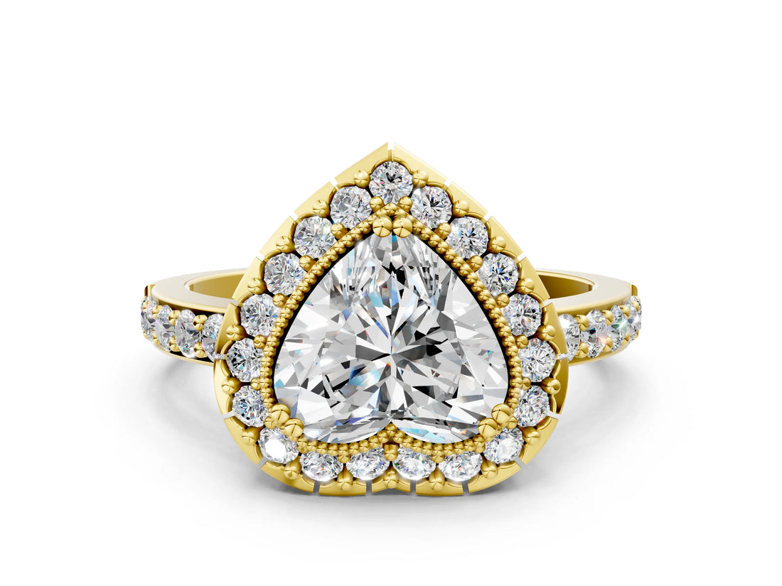 Yellow gold Heart Cut Diamond Halo Ring with Pavé Band and Prong Setting_7