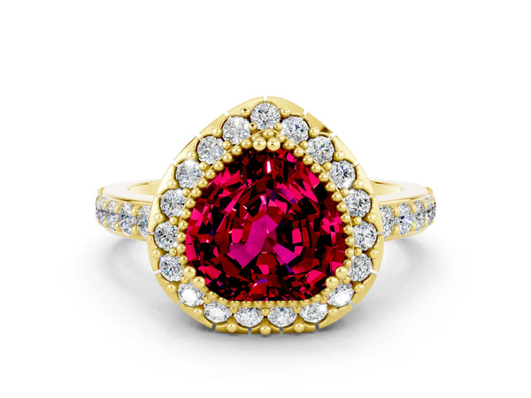 Yellow gold Heart Cut Garnet Halo Ring with Pavé Band and Prong Setting