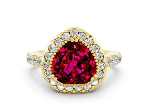 Yellow gold Heart Cut Diamond Halo Ring with Pavé Band and Prong Setting