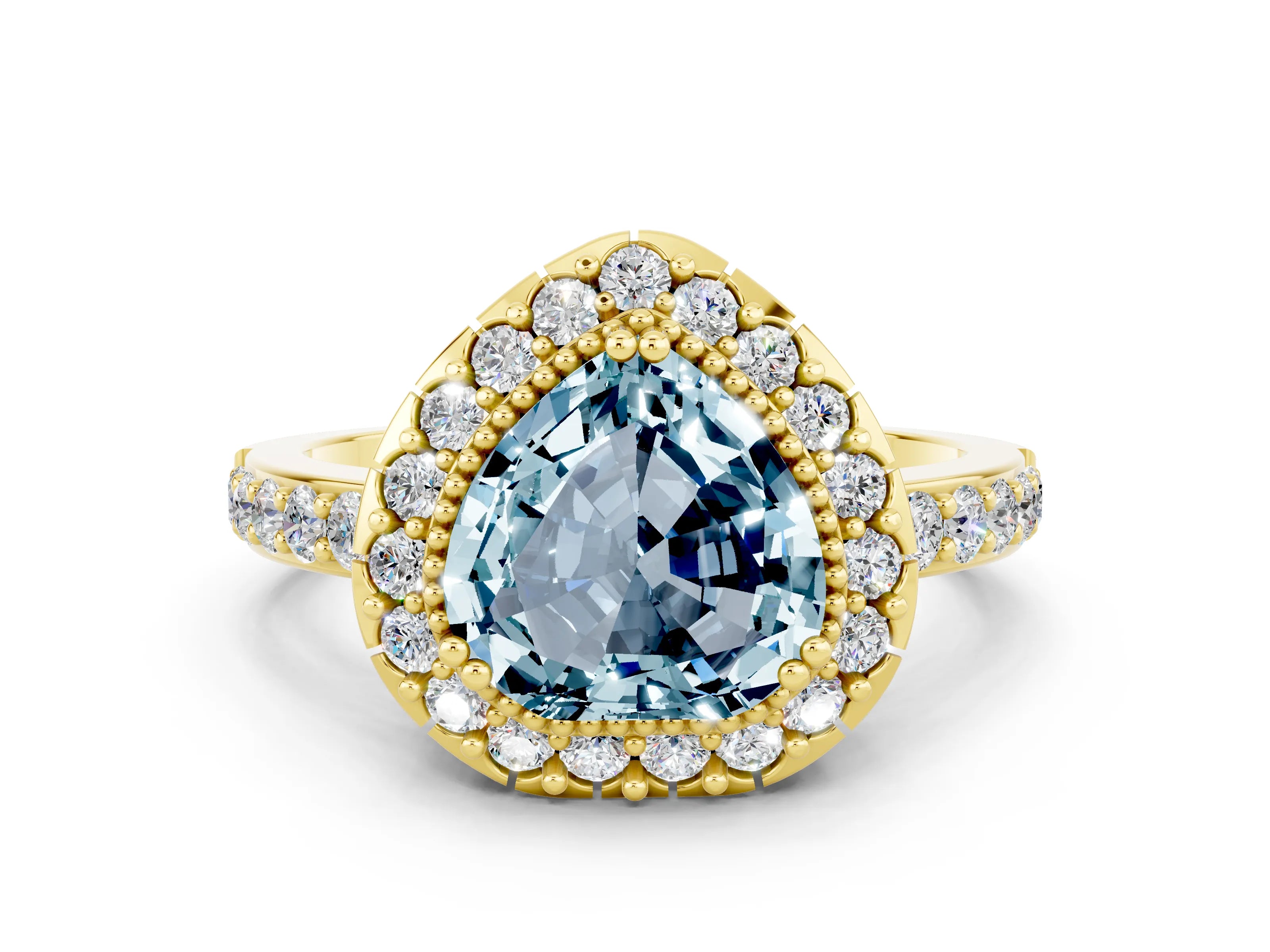 Yellow gold Heart Cut Diamond Halo Ring with Pavé Band and Prong Setting