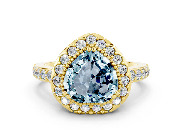 Yellow gold Heart Cut Aquamarine Halo Ring with Pavé Band and Prong Setting