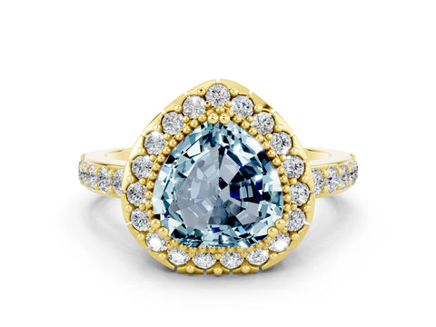 Yellow gold Heart Cut Diamond Halo Ring with Pavé Band and Prong Setting