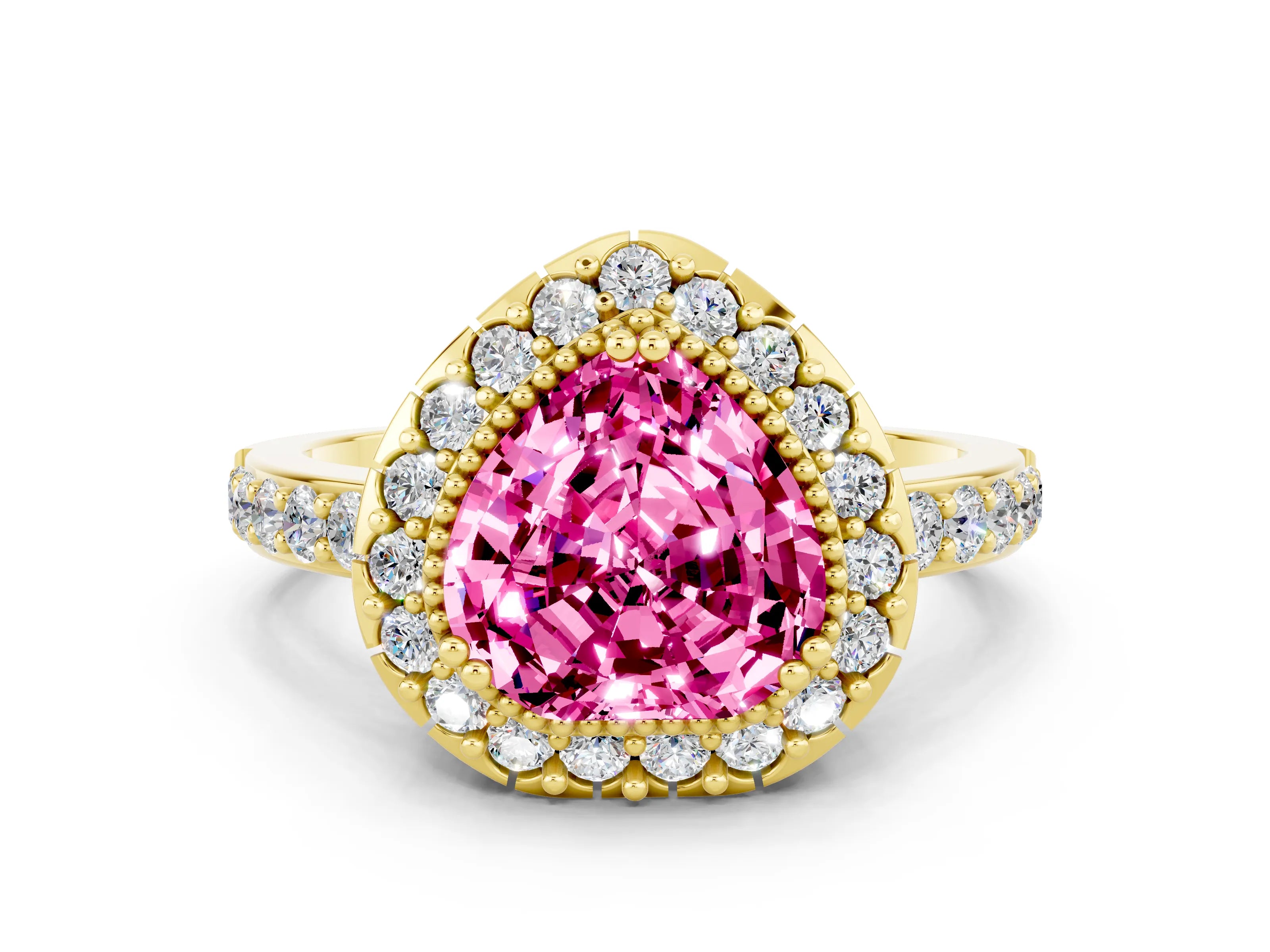 Yellow gold Heart Cut Diamond Halo Ring with Pavé Band and Prong Setting