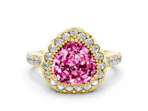 Yellow gold Heart Cut Diamond Halo Ring with Pavé Band and Prong Setting