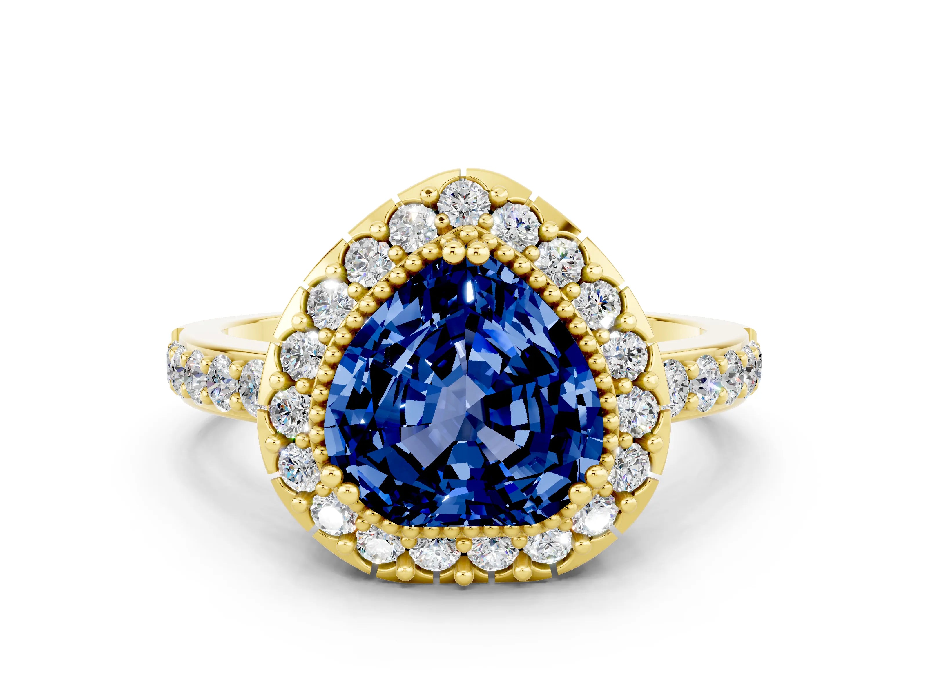 Yellow gold Heart Cut Diamond Halo Ring with Pavé Band and Prong Setting