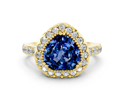 Yellow gold Heart Cut Diamond Halo Ring with Pavé Band and Prong Setting