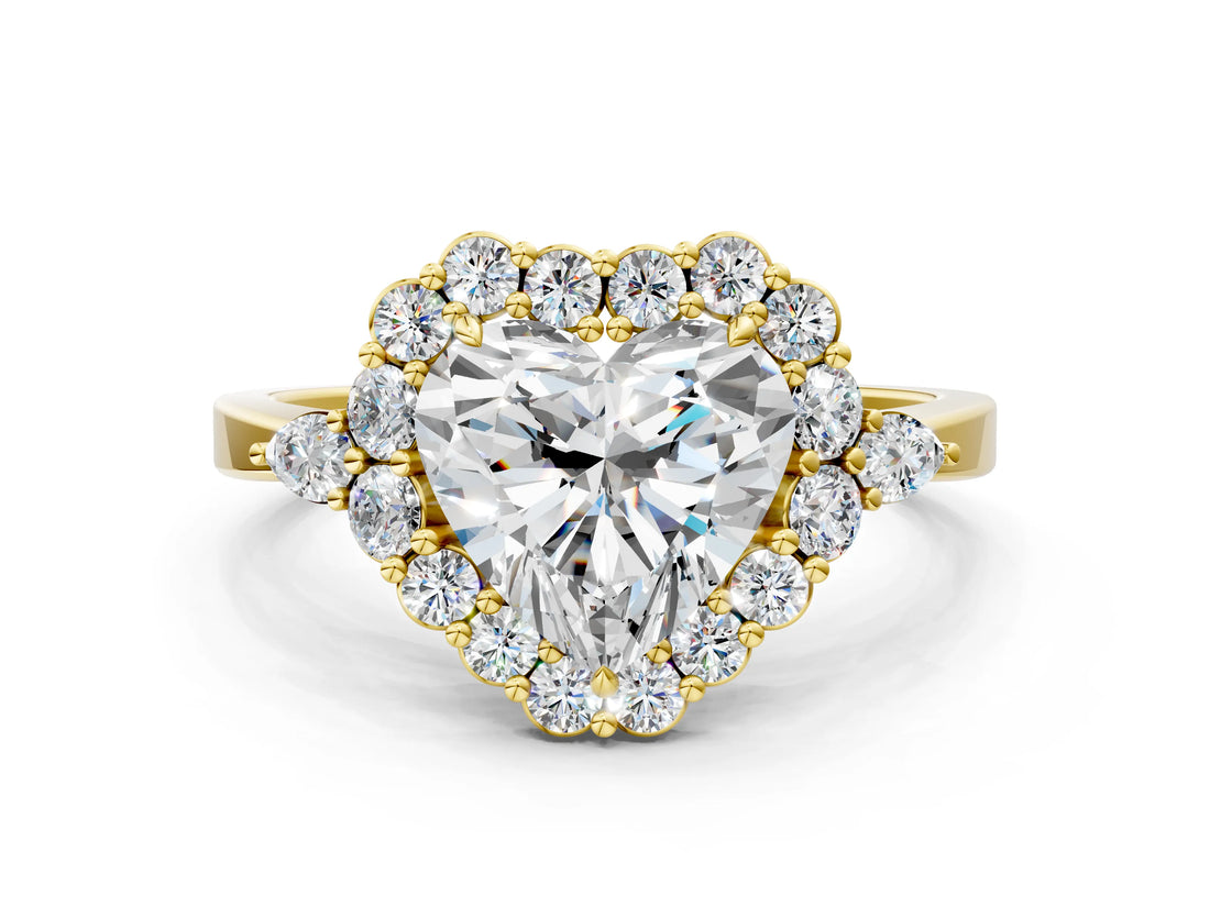 Yellow gold Heart Cut Diamond Halo Ring with Pear Side Stones and Prong Setting_74