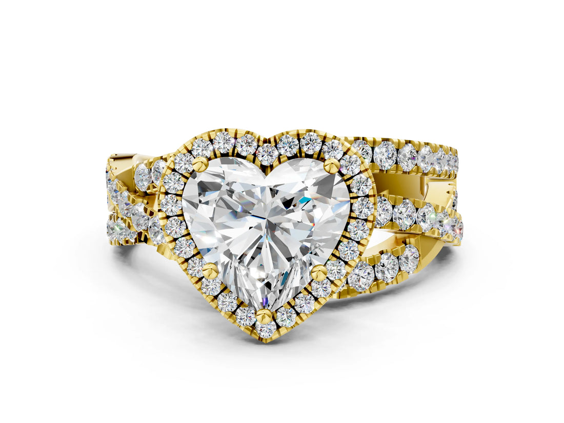 Yellow gold Heart Cut Diamond Halo Ring with Round Split Shank and Prong Setting_36