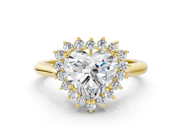 Yellow gold Heart Cut Diamond Halo Ring with Solitaire Band and Prong Setting