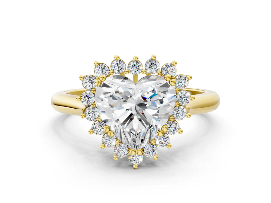 Yellow gold Heart Cut Diamond Halo Ring with Solitaire Band and Prong Setting