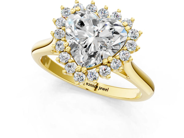Yellow gold Heart Cut Diamond Halo Ring with Solitaire Band and Prong Setting