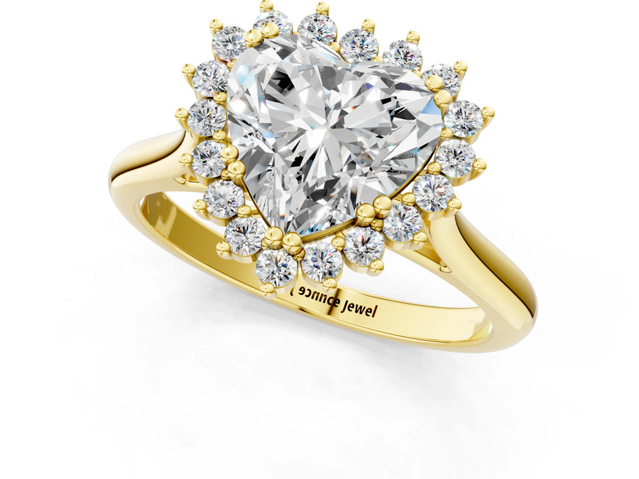 Yellow gold Heart Cut Diamond Halo Ring with Solitaire Band and Prong Setting