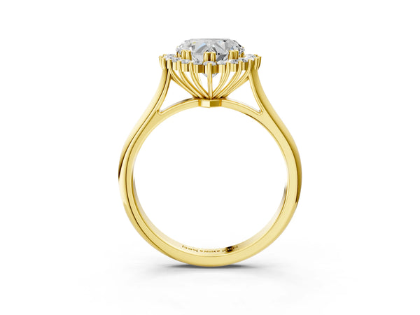 Yellow gold Heart Cut Diamond Halo Ring with Solitaire Band and Prong Setting