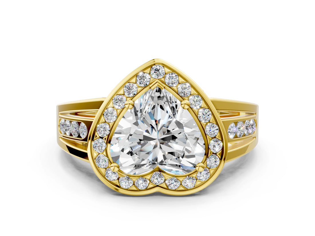 Yellow gold Heart Cut Diamond Halo Ring with Split Shank and Bezel Accents and Prong Setting_10