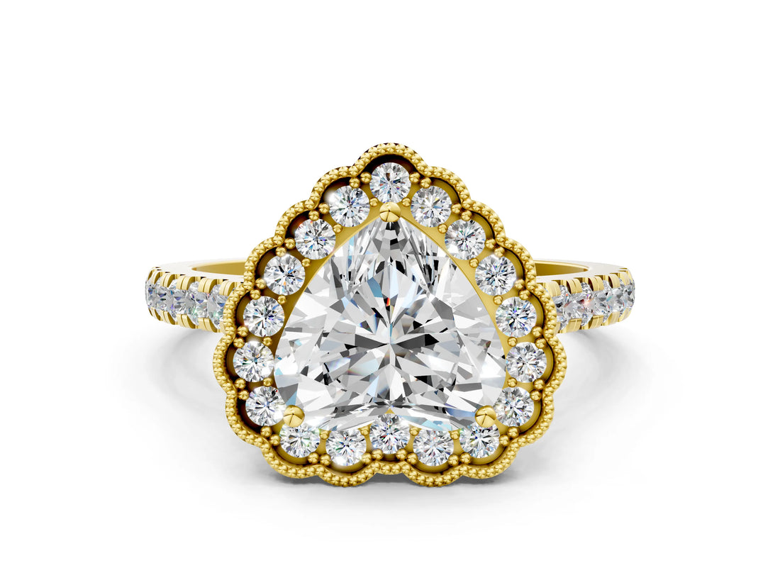 Yellow gold Heart Cut Diamond Milgrain Floral Halo Engagement Ring with Pavé Band_21