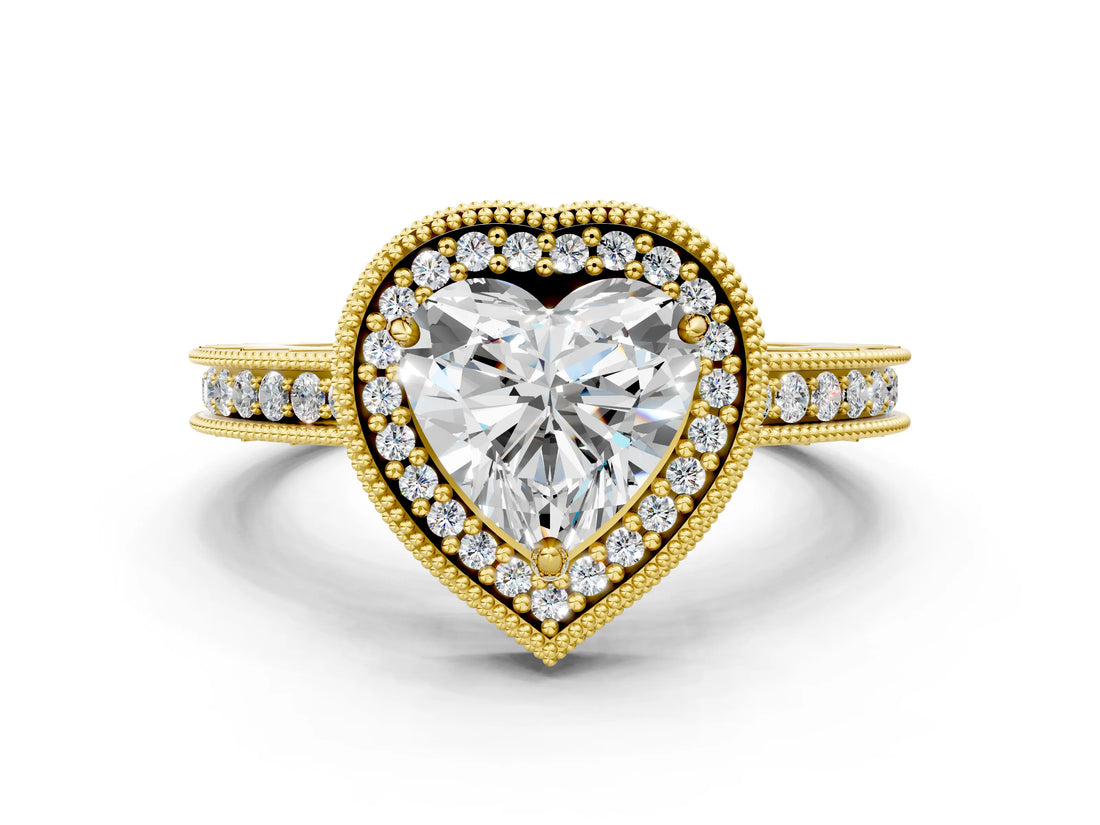 Yellow gold Heart Cut Diamond Milgrain Halo Engagement Ring with Round Pavé Band and Prong Setting_24