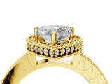 Yellow gold Heart Cut Diamond Milgrain Halo Engagement Ring with Round Pavé Band and Prong Setting_28
