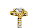 Yellow gold Heart Cut Diamond Milgrain Halo Engagement Ring with Round Pavé Band and Prong Setting_29