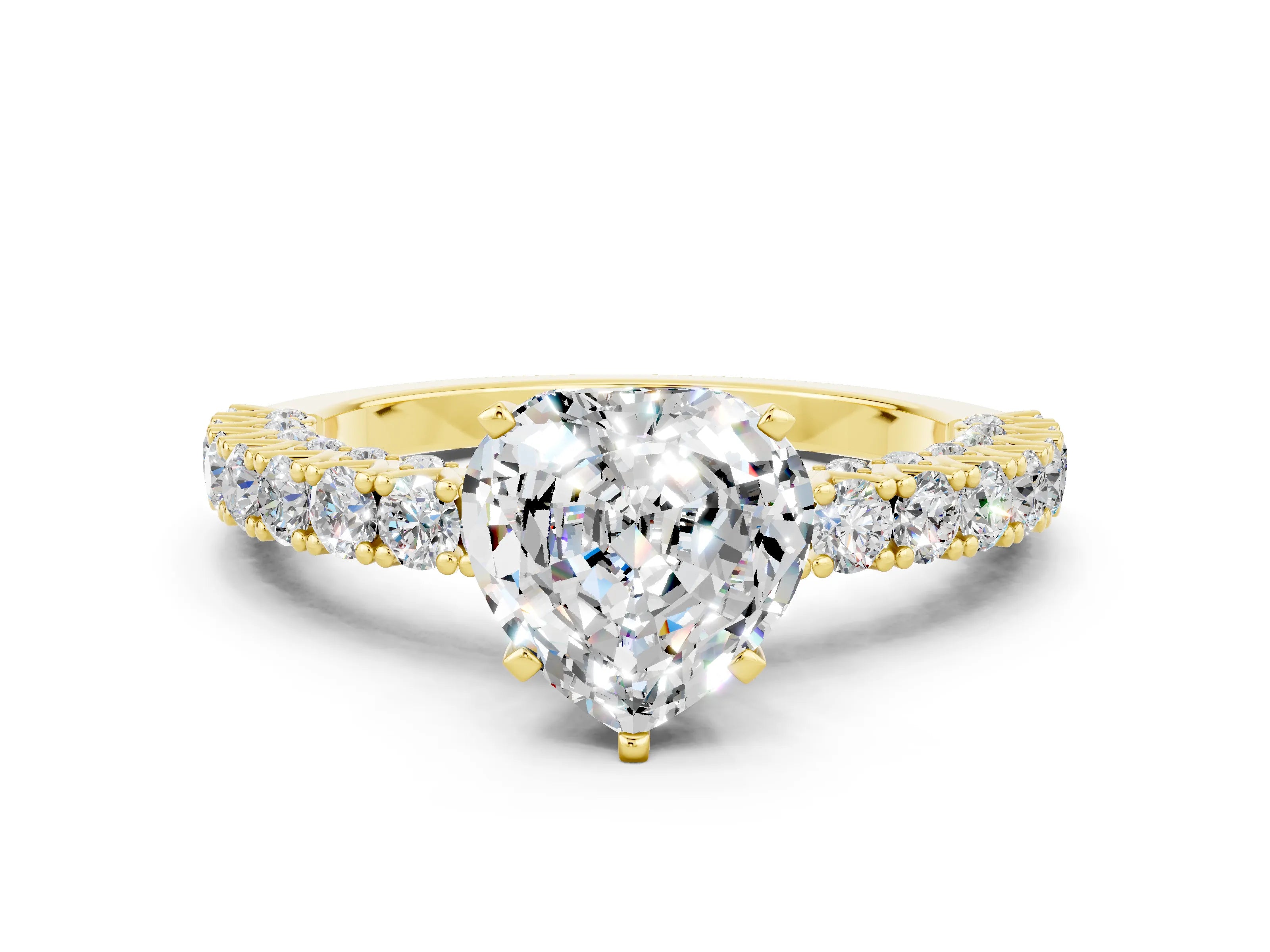 Yellow gold Heart Cut Diamond Pavé Band Solitaire Ring with Prong Setting